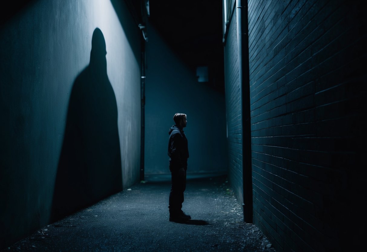 Una figura de pie en un callejón oscuro y sombrío, con una sombra monstruosa proyectada en la pared detrás de ella. La figura parece pequeña y vulnerable, pero hay un destello de determinación en sus ojos.