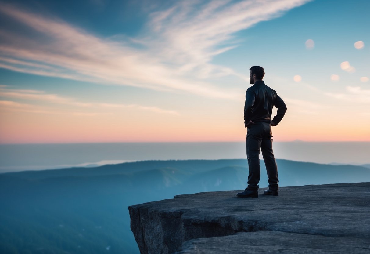 Una figura de pie con confianza en el borde de un acantilado, mirando hacia el horizonte expansivo, con una expresión de determinación y coraje.